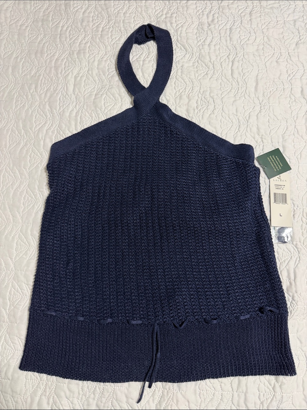 Lauren Ralph Lauren Navy Off-the-Shoulder Halter Knit Sweater